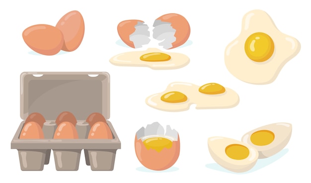 Set di elementi piatti di uova crude, rotte, bollite e fritte. cartoon uova di gallina domestica con tuorlo giallo isolato illustrazione vettoriale raccolta. prodotti agricoli biologici e concetto di cibo