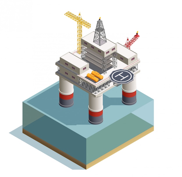 Добыча сырой нефти из-под морского дна изометрической композиции с иллюстрацией платформы буровой установки