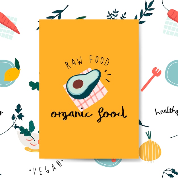 Raw organic food avocado card vector