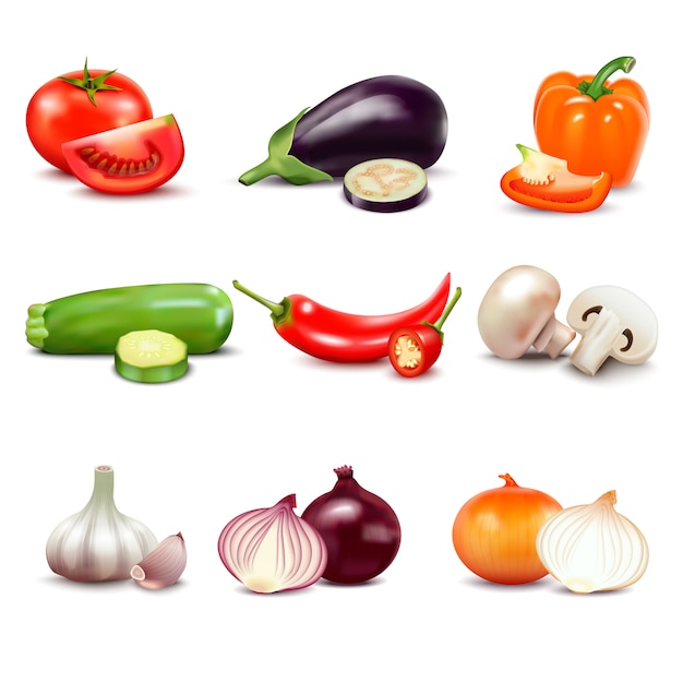 Сырые овощи с ломтиками изолированных реалистичные иконки с перцем баклажан, чеснок, гриб, кабачок