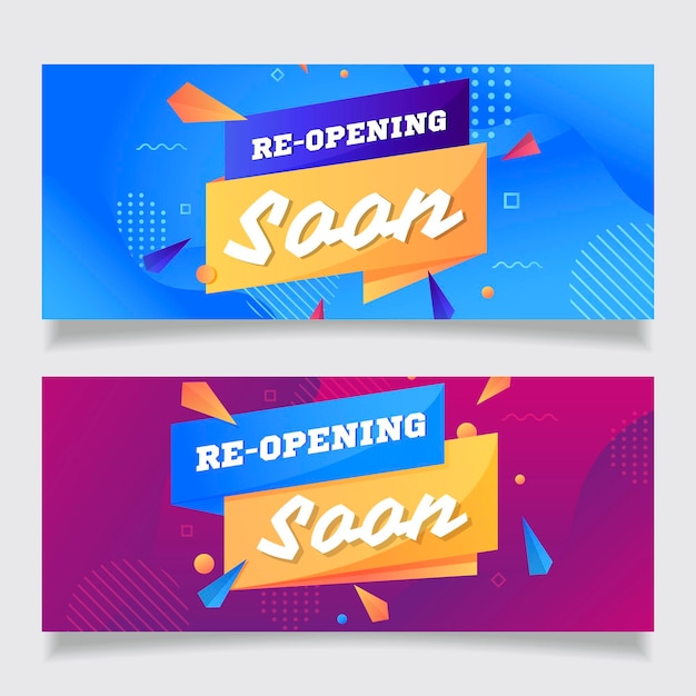 Re-opening soon banner template with memphis effect