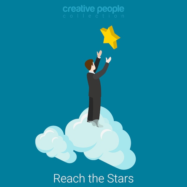 Reach the stars flat isometric business success concept  Businessman in clouds reaching hands to the star.