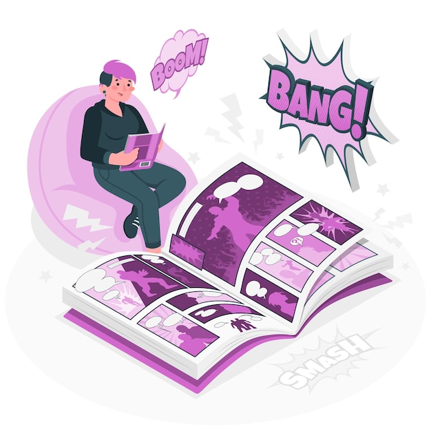 Reading comics concept illustration Free Vector