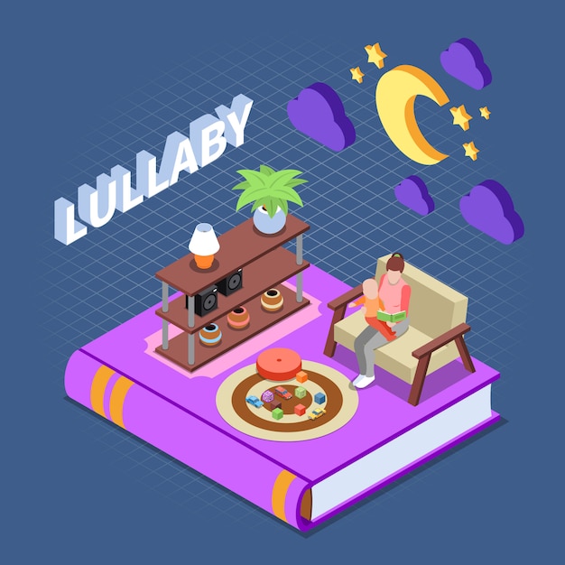 Reading concept with lullaby reading for children symbols isometric isolated