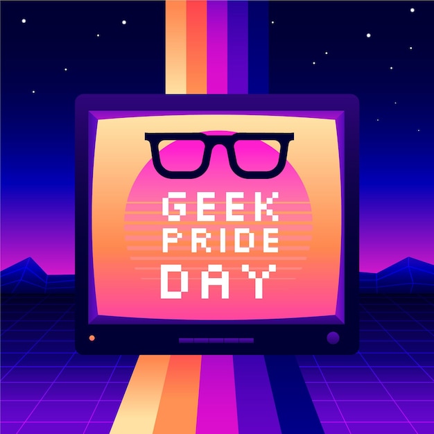 Reading glasses and synthwave effect geek pride day