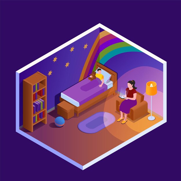 Reading isometric composition with view of childrens bedroom with mother reading out book to her child illustration