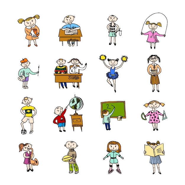 Reading learning cheerleading and playing football school kids with backpack doodle sketch vector illustration