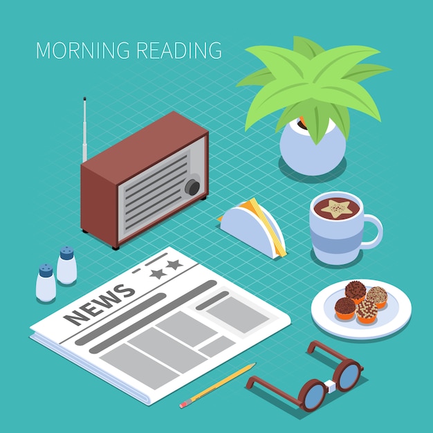 Free vector reading and library concept with morning reading symbols isometric isolated