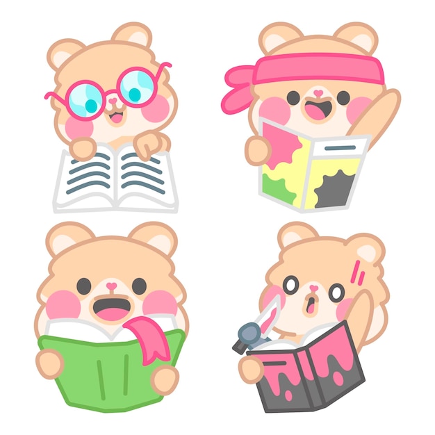 Free vector reading stickers collection with kimchi the hamster