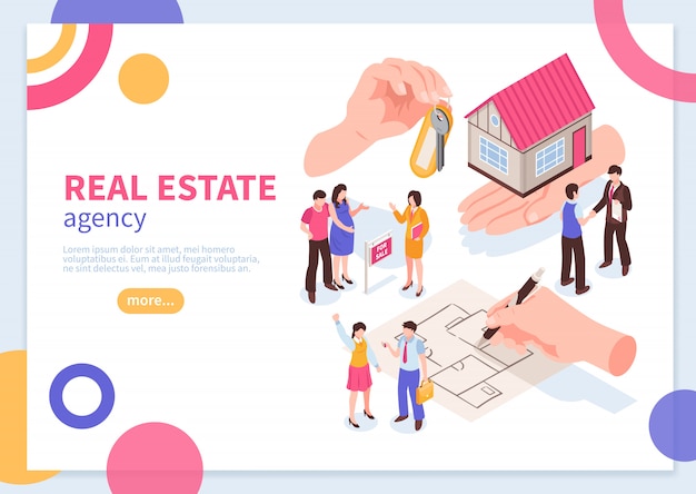 Real estate agency isometric concept of web banner template with colorful geometric elements  vector illustration