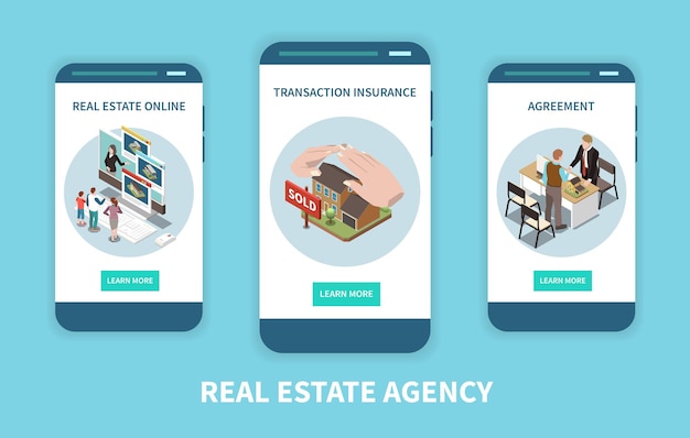 Free vector real estate agency isometric mobile web pages set