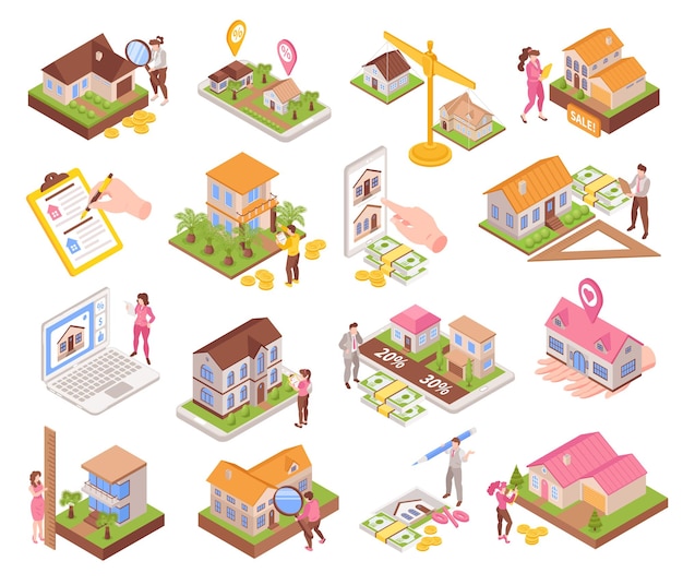 Real estate appraisal isometric icons set with apartment value estimation scenes isolated vector illustration