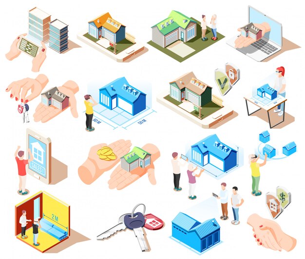 Real estate augmented reality isometric icon set with different elements and attributes of buildings  illustration