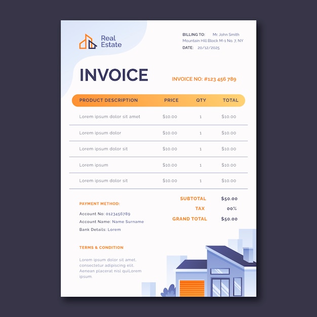 Free vector real estate business invoice template
