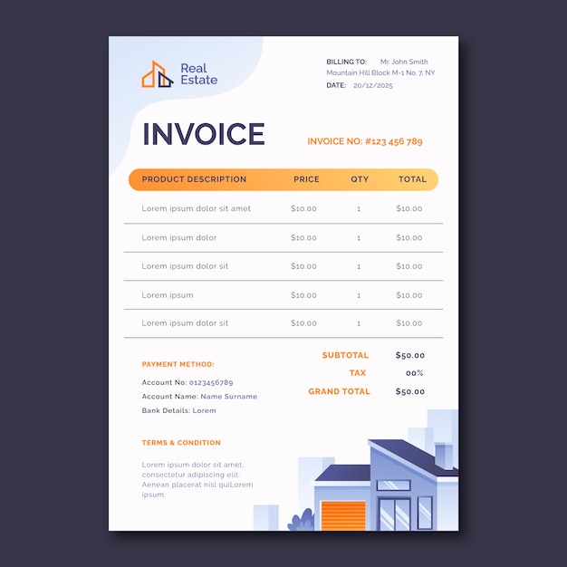 무료 벡터 부동산 사업 송장 템플릿