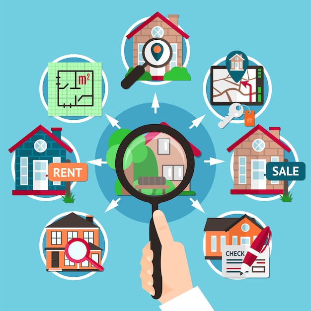 real estate flat composition with magnifier in the hands of a man illustration