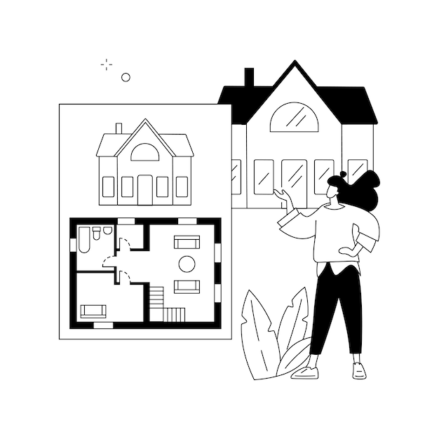 Vettore gratuito illustrazione vettoriale del concetto astratto della planimetria immobiliare servizi online della planimetria del marketing immobiliare elenco della casa layout interattivo della proprietà metafora astratta dell'allestimento virtuale