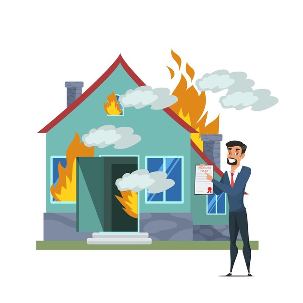 서류를 들고 화재 사업가에 화재 계약 집을 제공하는 부동산 보험 대리인