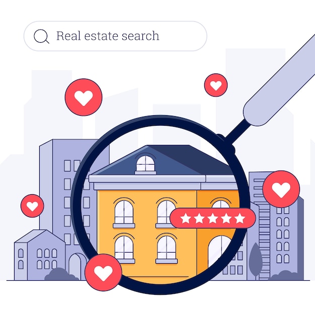 Бесплатное векторное изображение Поиск недвижимости с домом и лупой