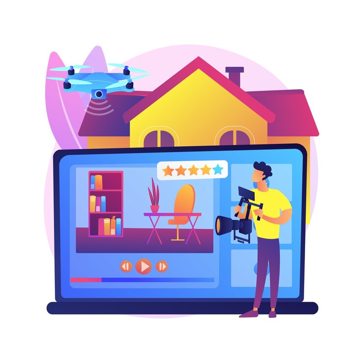 Real estate video tour abstract concept  illustration. Real estate marketing, online streaming drone video, promotional shooting, open house, full-motion walk-through .