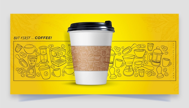Бесплатное векторное изображение Реализм и нарисованный вручную кофейный горизонтальный баннер