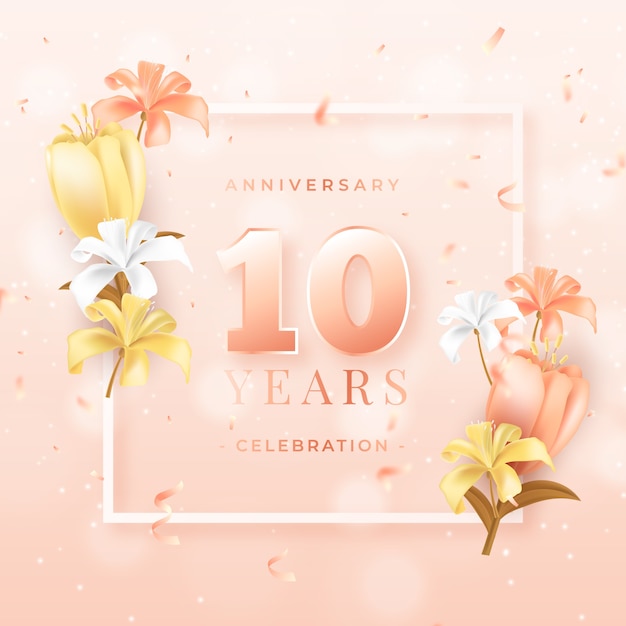 Vettore gratuito design realistico per anniversario o compleanno di 10 anni