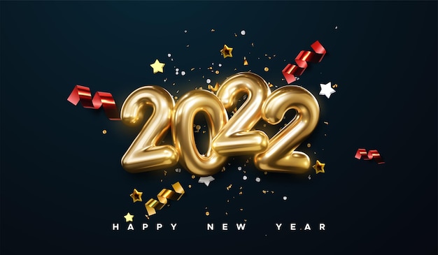 Realistic 2022 golden numbers with festive confetti, stars and spiral ribbons on black background. Premium Vector