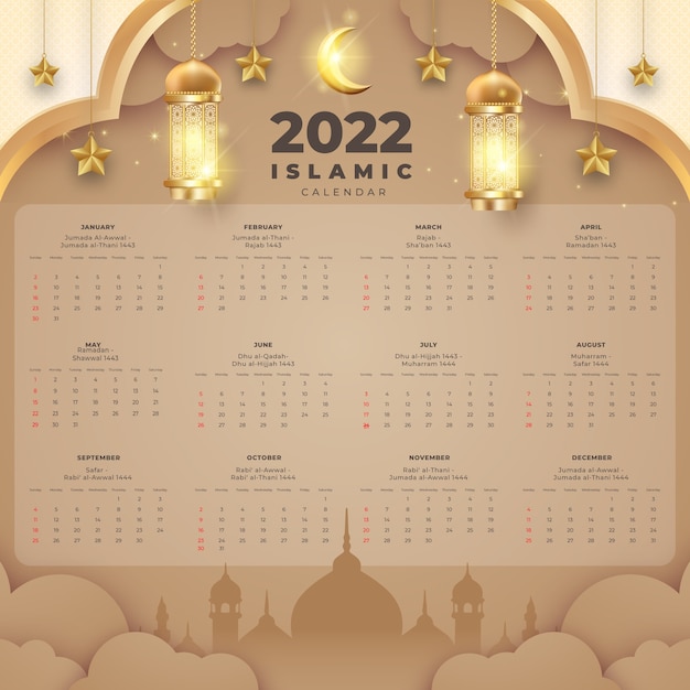 Free vector realistic 2022 islamic calendar template