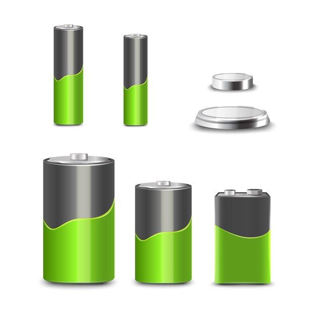 Realistic 3d battery types decorative icons set 