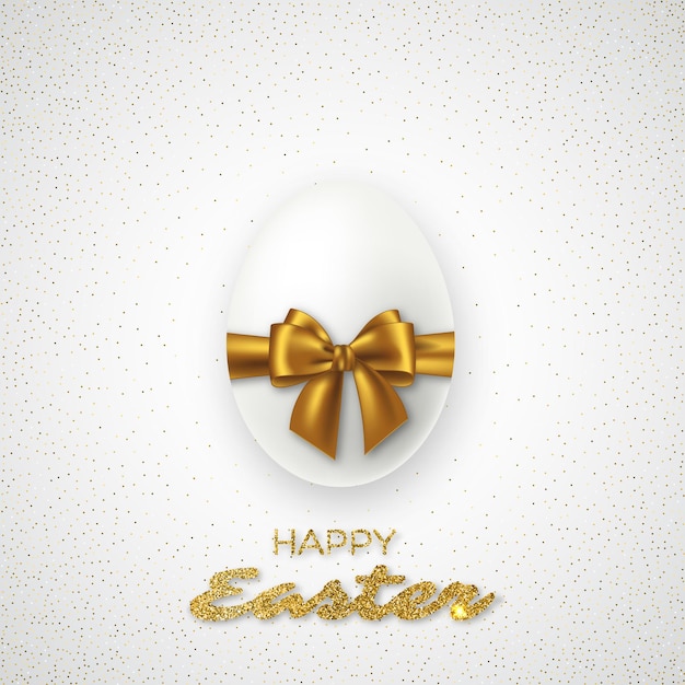 Realistic 3D Easter egg with golden bow. Luxury festive holiday.