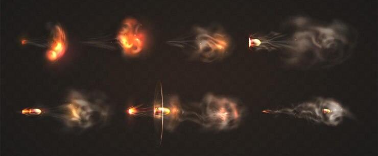 Free Vector realistic 3d flying bullets with smoke trace and fire sparkles