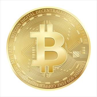 Реалистичные 3d золотой биткойн. криптовалюта золотая монета биткойн символ для финансового банковского дела и блокчейна. изолированные векторные иллюстрации на белом фоне. интернет-финансы монеты