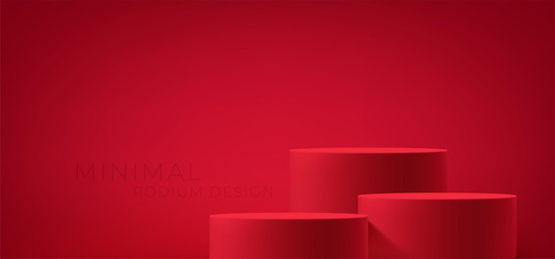 빨간색 배경에 현실적인 3d 빨간색 제품 연단입니다. 제품 시연을 위한 빨간색 제품 단계. 프레 젠 테이 션, 광고, 배너, 포스터에 대 한 배경입니다. 벡터 일러스트 레이 션 eps10