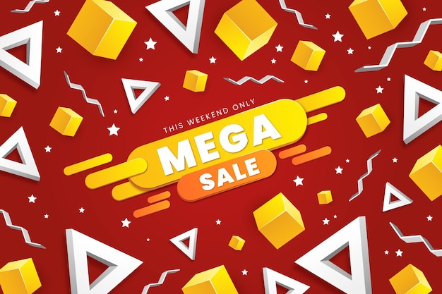 Realistic 3d sale background with triangular and cubic shapes