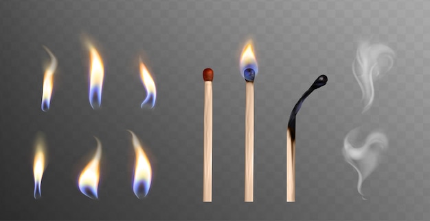 Realistic 3d vector illustration of whole and burnt wooden matchsticks Flame light and smoke collection on transparent background Stages of match or wood stick burning or ignition from fire