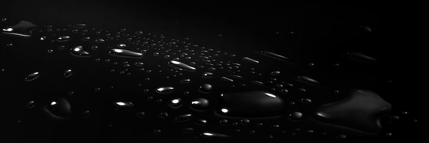 Vettore gratuito gocce d'acqua 3d realistiche sulla superficie nera illustrazione vettoriale di goccioline di pioggia rugiada mattutina macchie di spruzzo d'acqua spruzzate sul cofano dell'auto o sullo sfondo di vetro riflessione della luce della texture bagnata in macchie liquide