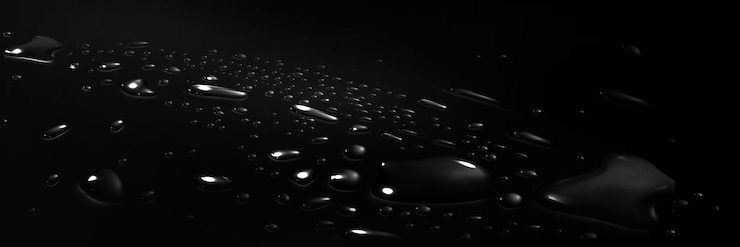 Free Vector realistic 3d water drops on black surface vector illustration of rain droplets morning dew aqua spray spots sprinkled on car hood or glass backdrop wet texture light reflection in liquid blobs