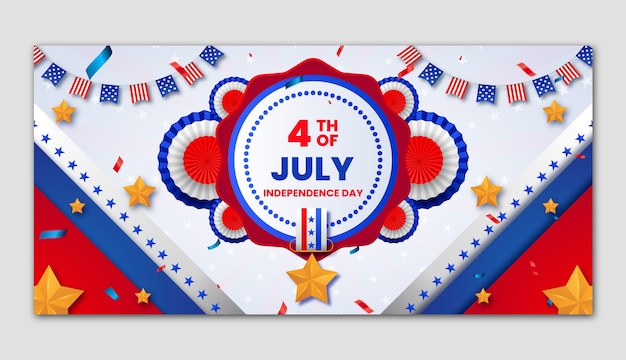 Modello di banner orizzontale realistico del 4 luglio con stelle e coriandoli