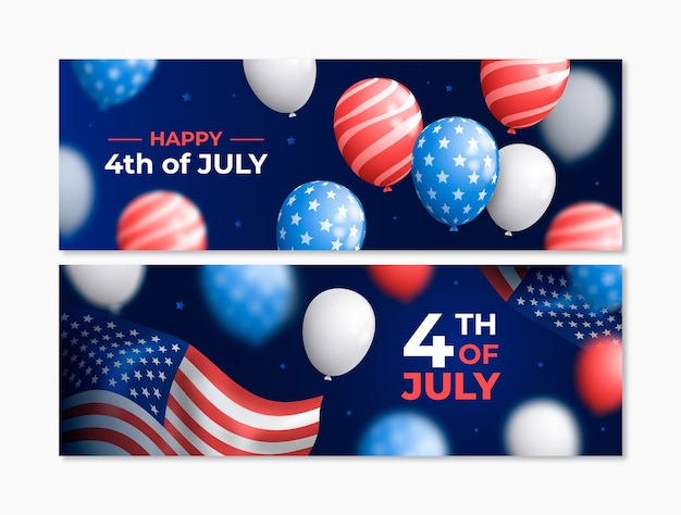 Realistic 4th of july horizontal banners set with balloons