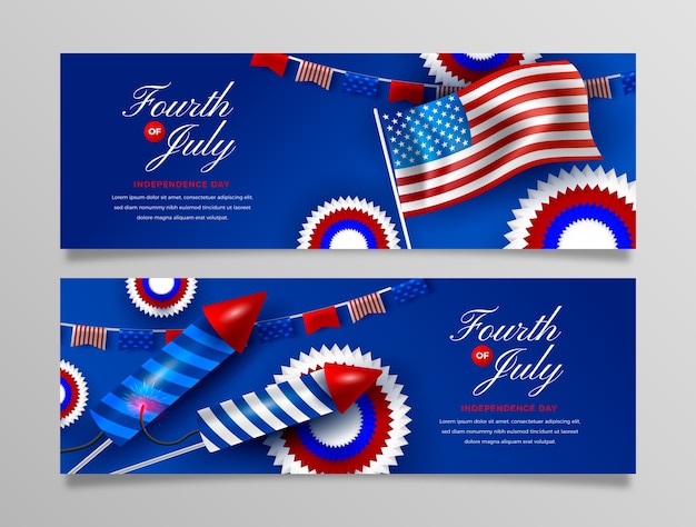 Realistic 4th of july horizontal banners set with flag and fireworks