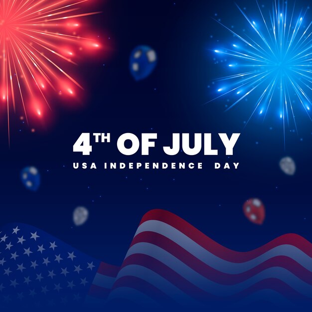 Realistic 4th of july illustration with balloons and fireworks
