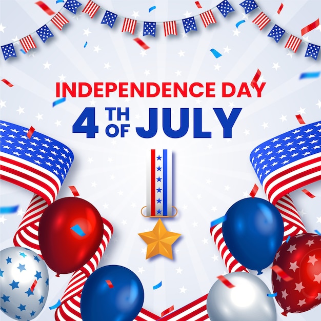 Realistic 4th of july illustration with confetti and balloons