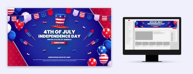 Free vector realistic 4th of july youtube channel art with balloons