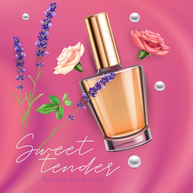 Realistic advertisement with bottle of female sweet rose perfume on pink background