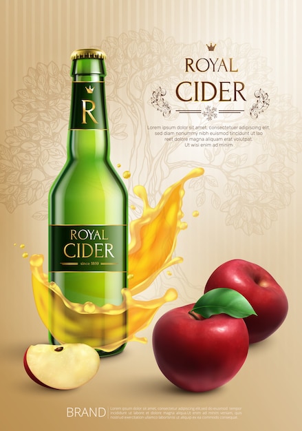 Реалистичная рекламная композиция с бутылкой королевского сидра и красных яблок