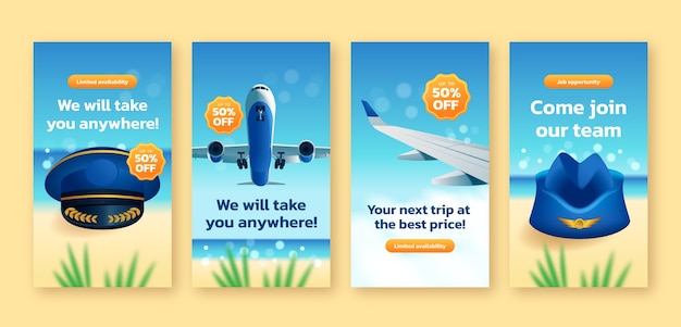 Free vector realistic airline company instagram stories