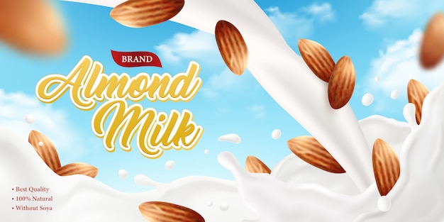 Free vector realistic almond milk poster ad background with ornate brand text and composition of sky and nuts images  illustration