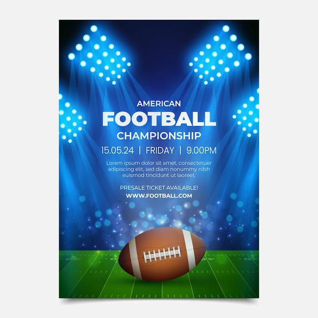 Vettore gratuito realistico modello di poster verticale del campionato di football americano