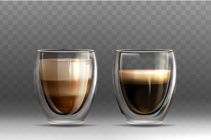  Realistic americano and cappuccino coffee in glass cups Premium Vector