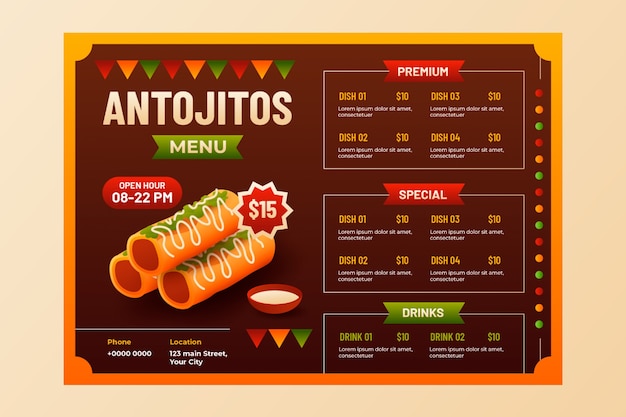 Vettore gratuito design del menu antojitos realistico